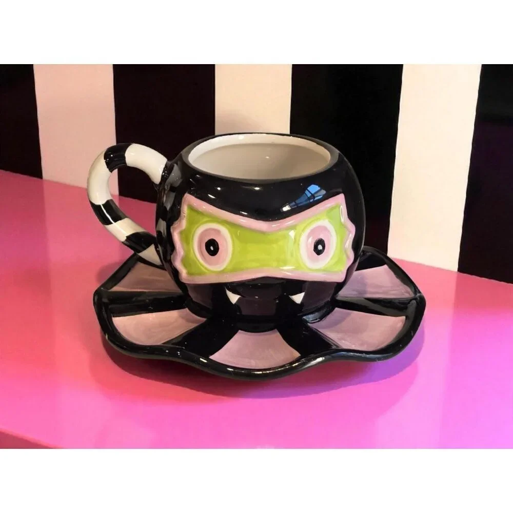 New Halloween Circus Pink / Green Cat W/ Bat Mask Coffee Tea Cup W/ Saucer